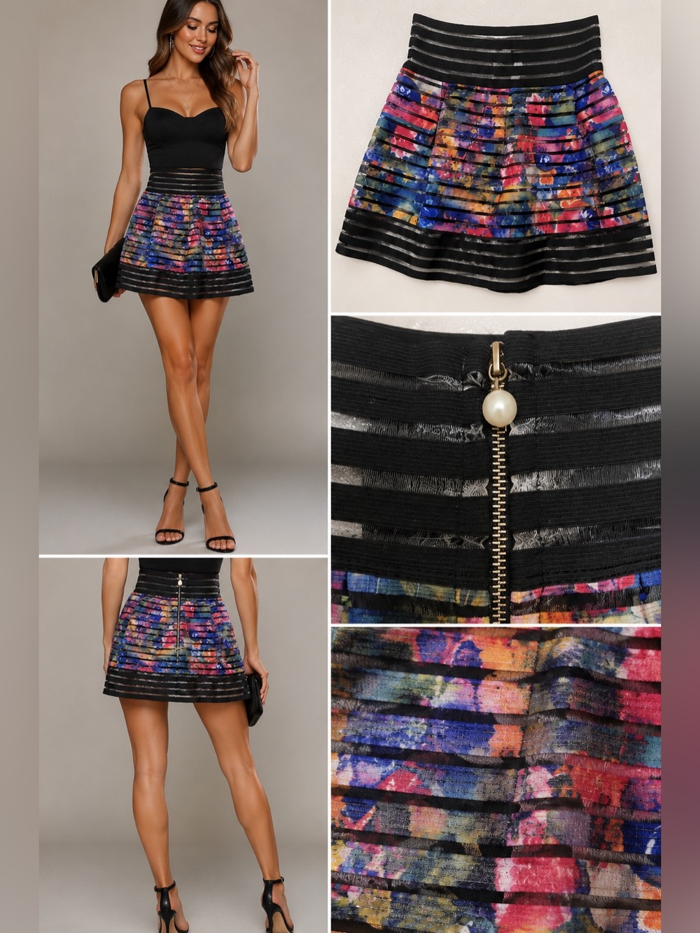 Touch Me High Waist Watercolor Floral Mini Skirt L Sheer Stripe Pearl Zipper